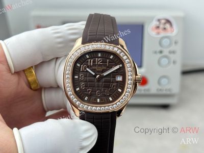 High Quality Replica PATEK PHILIPPE Aquanaut Luce Brown Integrated Composite Strap Brown Embossed Pattern Face Dial 48 Diamonds Inlaid Round Octagonal Case Watch 38mm